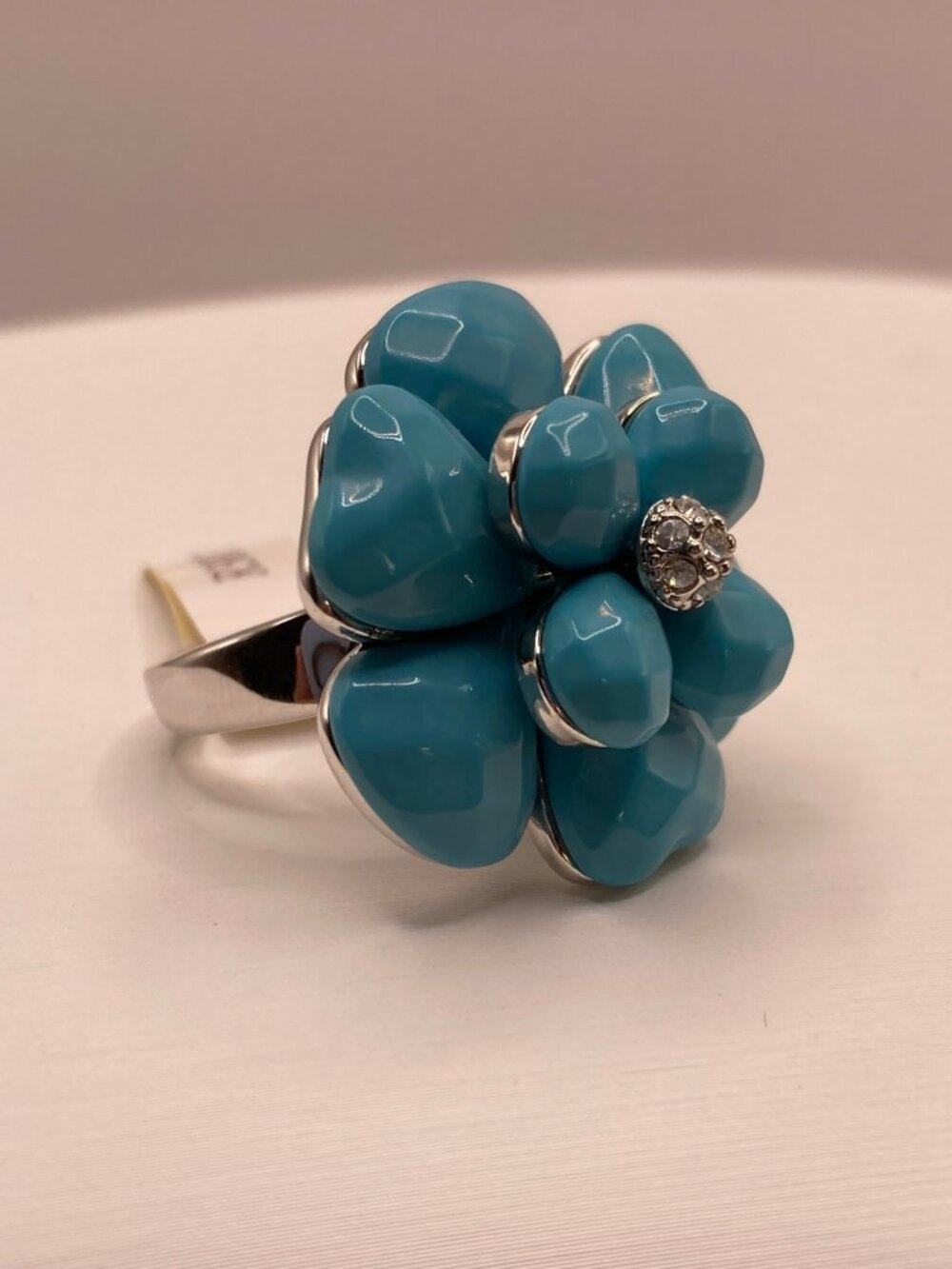 Camille Lucie Turquoise Flower Ring Rhinestone Center Silver-Tone Band -61B